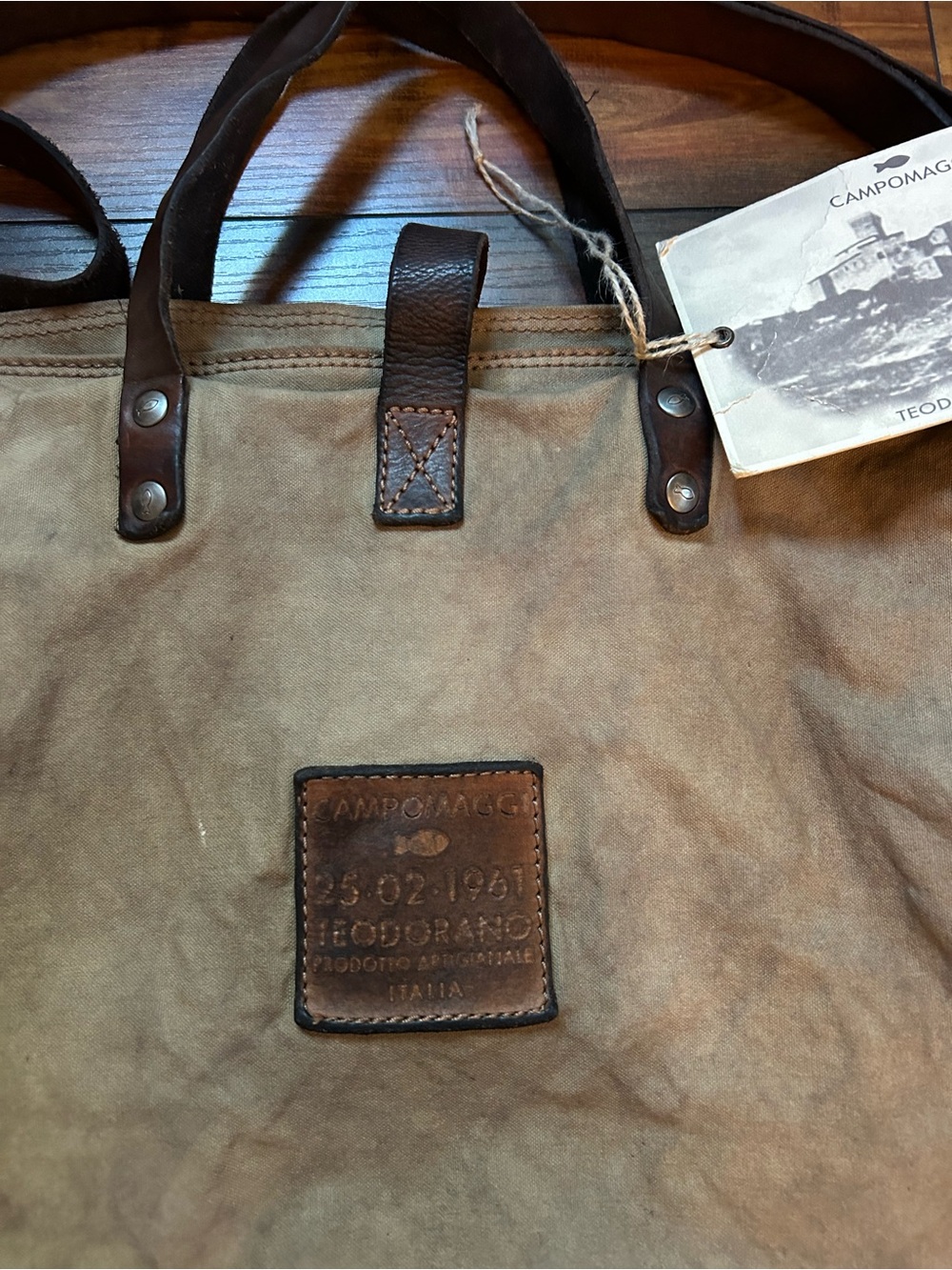 Campomaggi Canvas & Brown Leather Crossbody Tote Bag w/ Studs - Picture 3 of 9